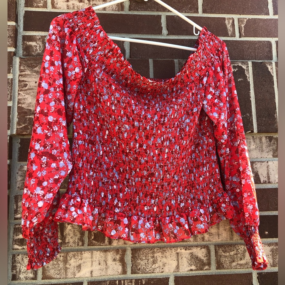 Off the shoulder smocked floral blouse